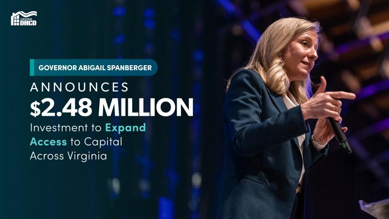 一張州長 Spanberger 穿著藍色西裝的照片。文字內容為：州長 Abigail Spanberger 格宣布 248 萬美元的投資，以擴大 Virginia 資金取得管道」